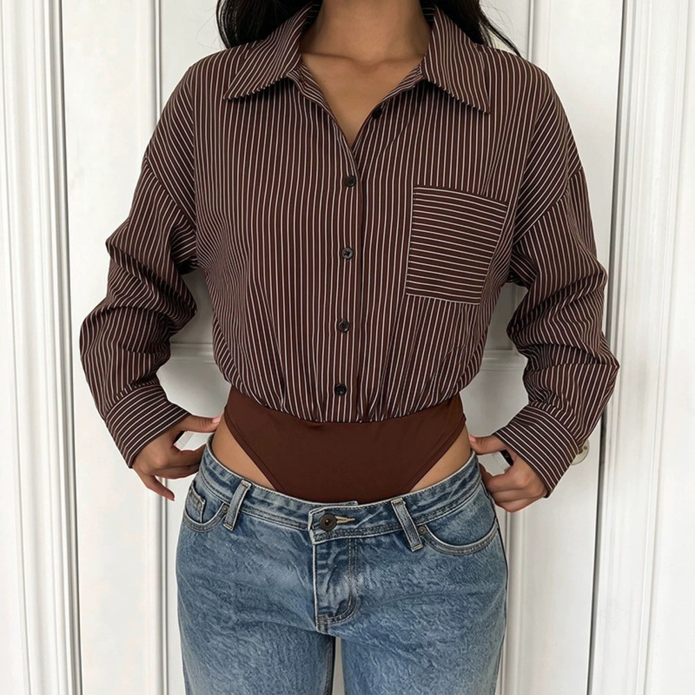 Autumn Winter Long Sleeve Striped Patchwork Commute Casual Shirt Jumpsuit Women
